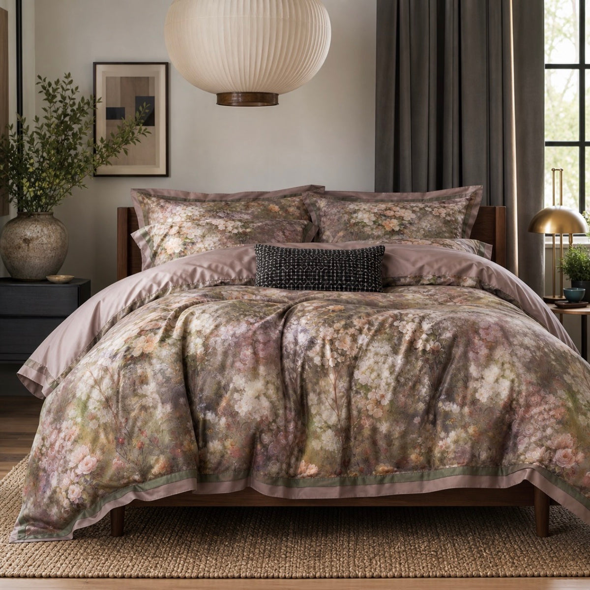 NEW Anthropologie Blush Pink Silk Floral Cotton Queen / King Bedding Duvet & Sham Set