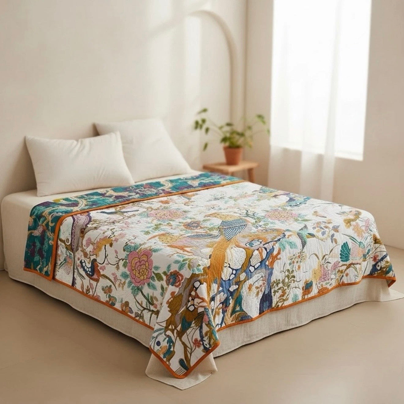 NEW Anthro Reversible Boho Bird Cotton Bedspread Blanket Quilt - Multiple Sizes