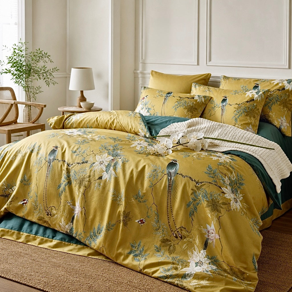 NEW Anthropologie Yellow Boho King / Queen Floral Bird Bedding Duvet & Sham Set
