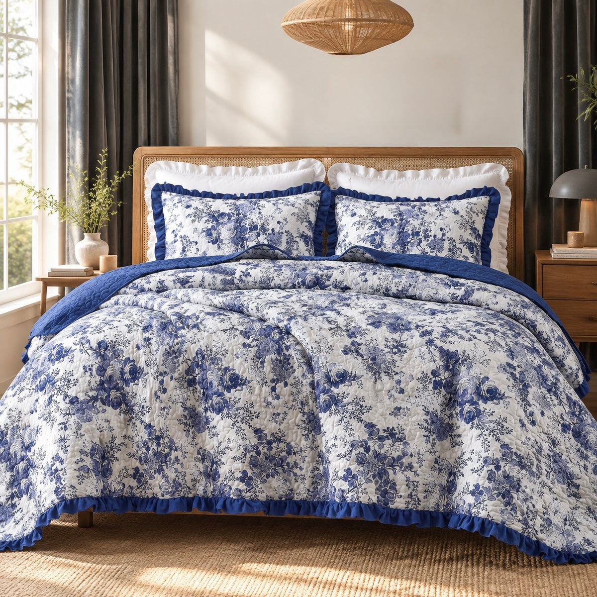 NEW Anthropologie Blue White Floral Ruffle Trim Quilt Coverlet Bedding Sham Set