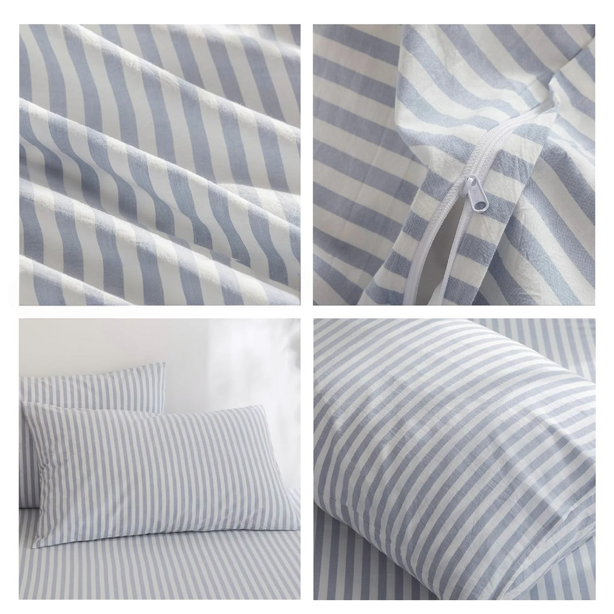 NEW West Elm White & Blue Striped Cotton Simple Modern Bedding Duvet & Sham Set