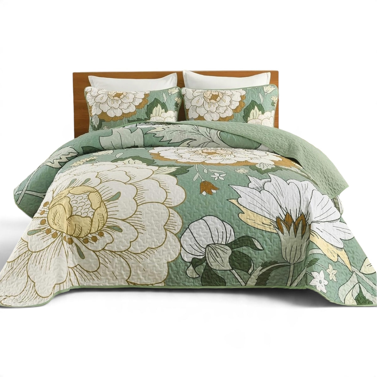NEW Anthropologie Green & Yellow Floral Boho Queen / King Bedding Quilt Sham Set