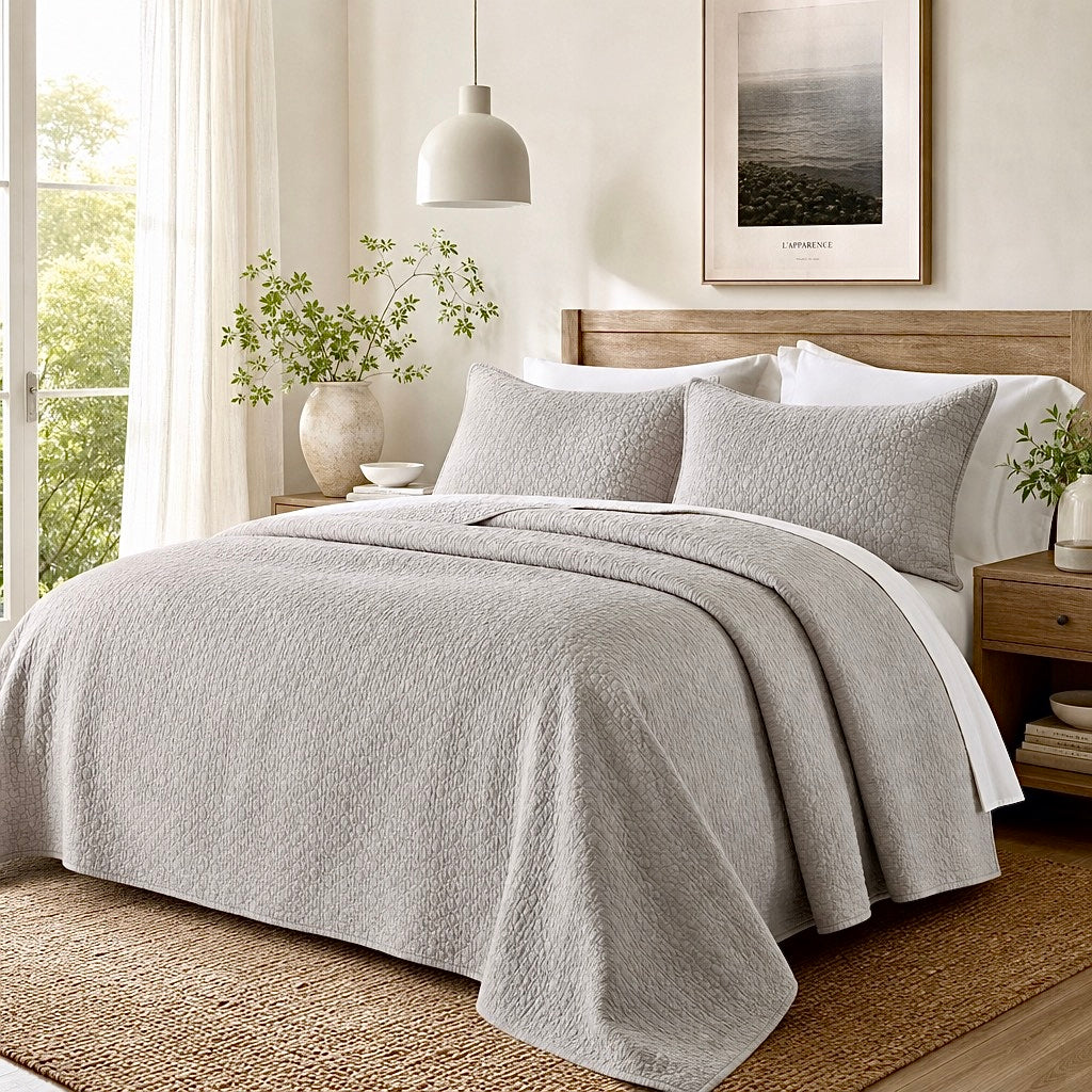 NEW West Elm Beige Stone Print Ultra Soft Queen King Bedding Bedspread Sham Set