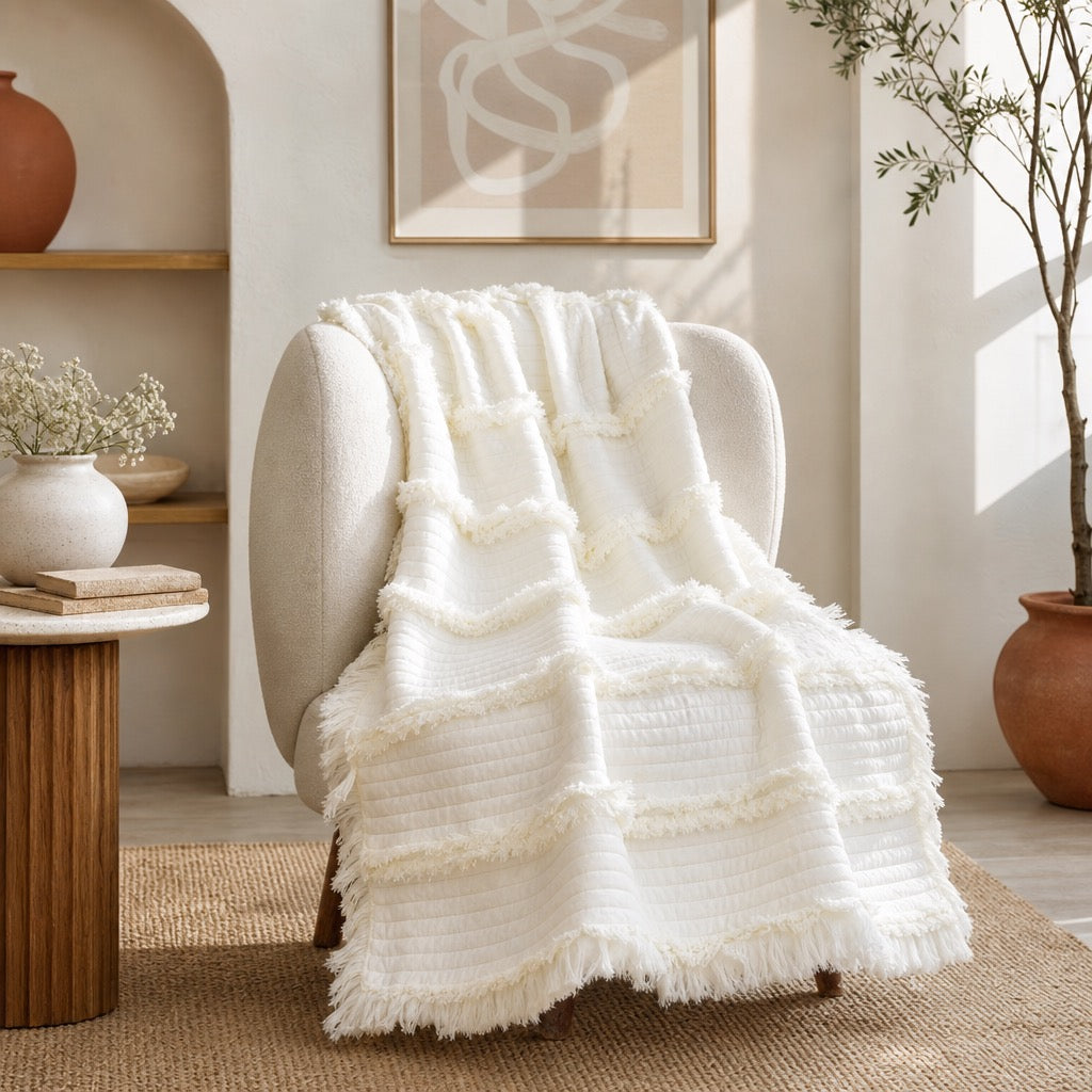 NEW West Elm Boho White Quilted Ruffle Knit Throw Blanket Bedding - 60" x 80"