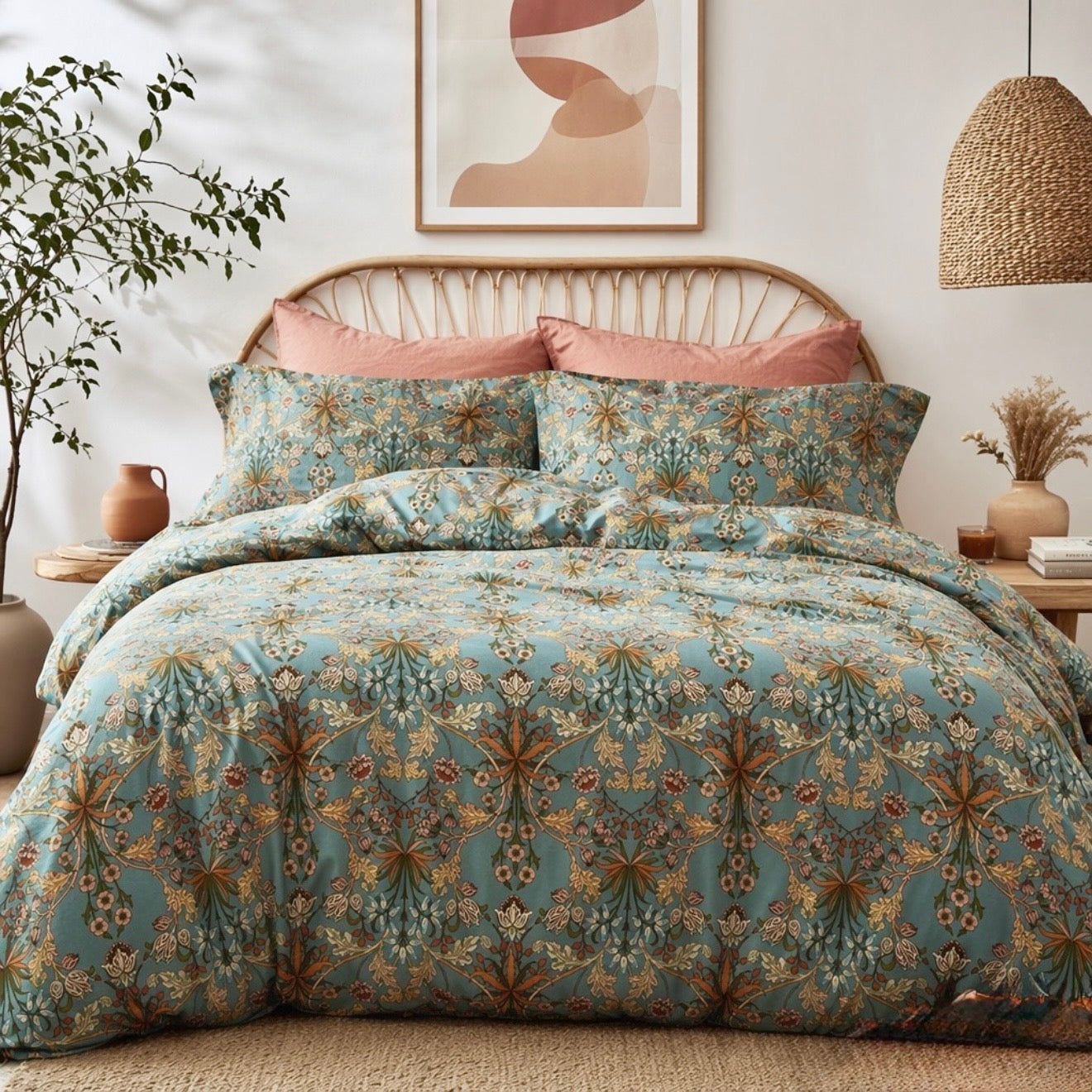 NEW Anthropologie Teal Orange Boho King Size Bedding Duvet Floral Sham Case Set
