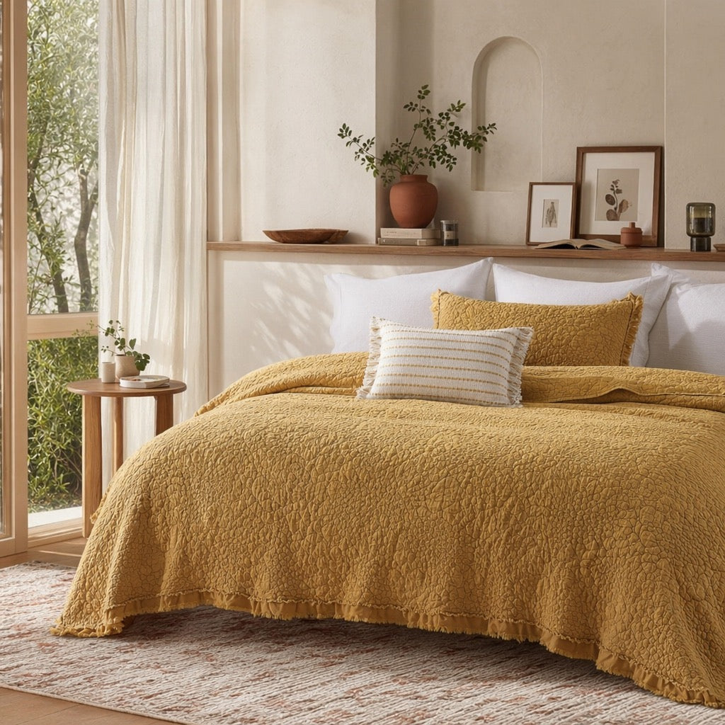 NEW Anthro Orange Yellow Ruffle Crinkled Queen / King Bedding Quilt & Sham Case