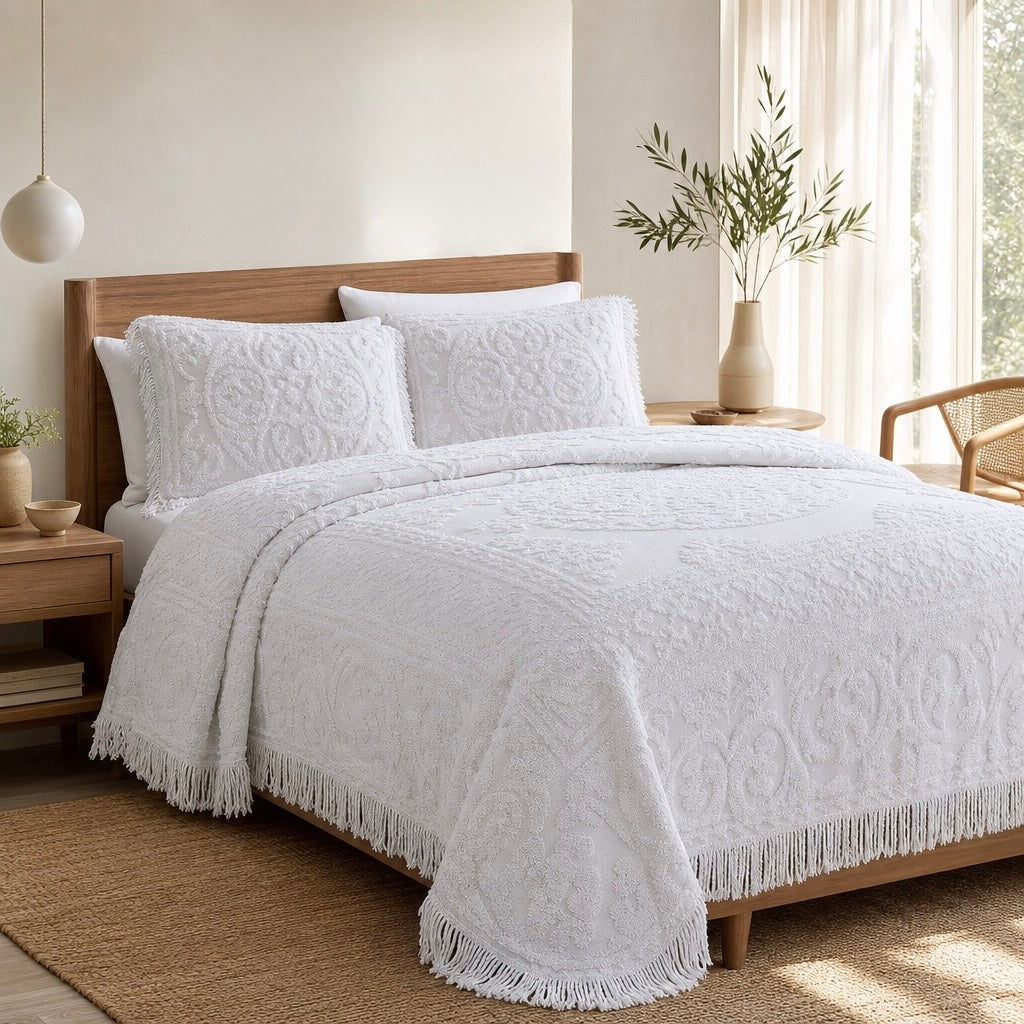 NEW Anthropologie White Chenille Damask Cotton Quilt Bedspread Blanket Bedding & Sham Set