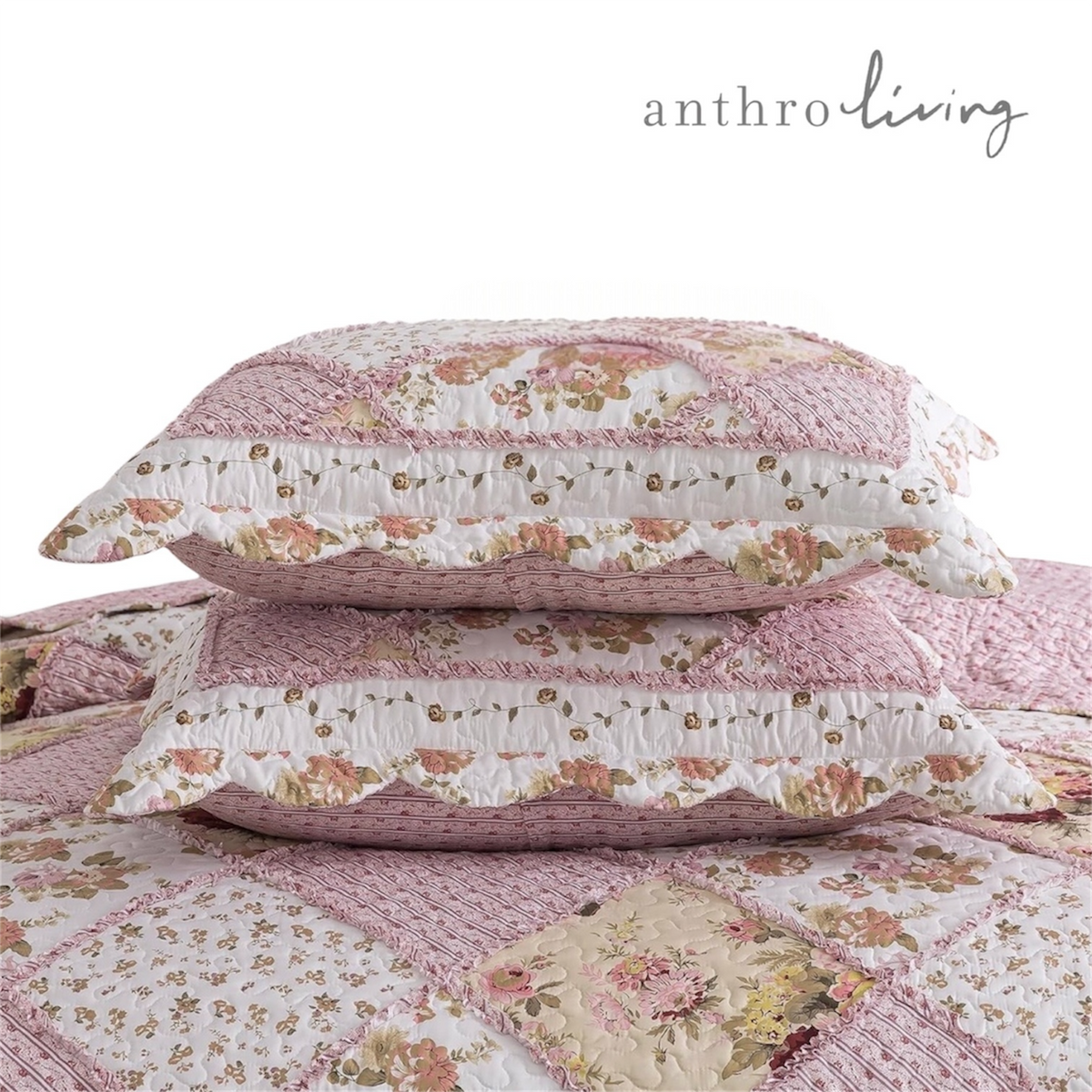 NEW Anthropologie Pink Vintage Floral Patchwork Quilt Coverlet Bedding Sham Set
