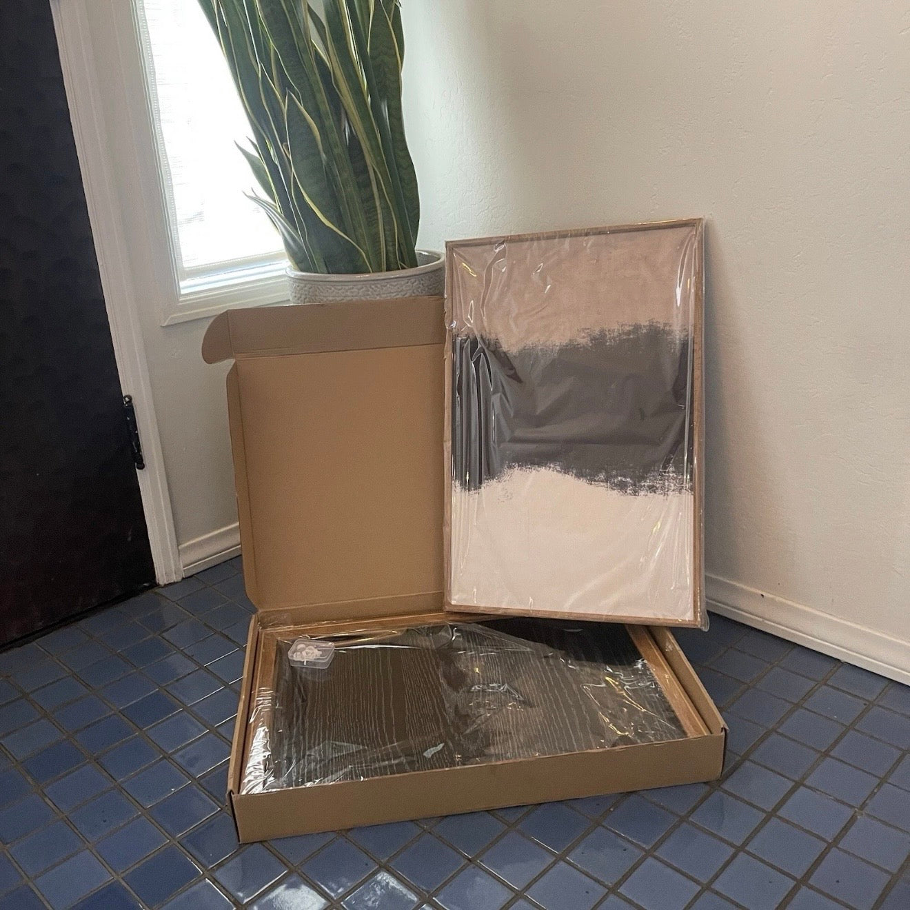New West Elm Large Abstract Set of 3 Framed Canvas Wall Art Paintings Decor 24"