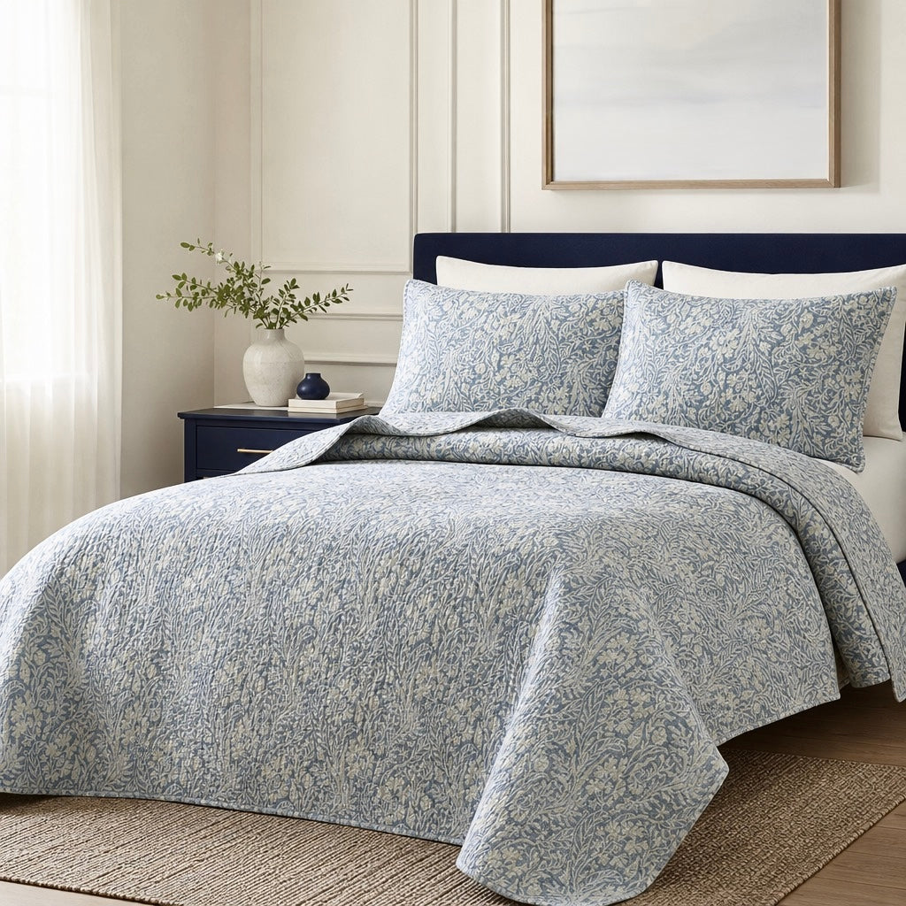 NEW West Elm Blue Botanical Boho Print Queen / King Bedding Quilt & Sham Set