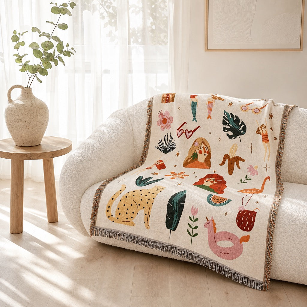 NEW Anthropologie Boho Abstract Tassel Throw Blanket Bedspread Quilt - 63" x 50"