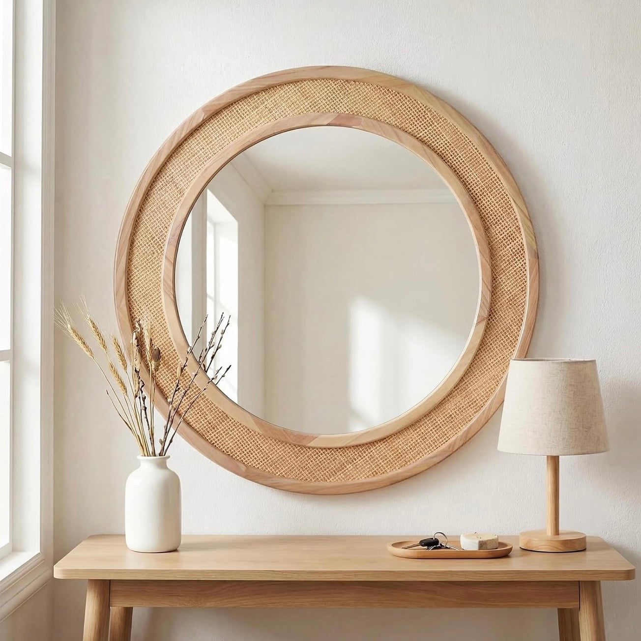 NEW West Elm Large Round Mirror Wicker Rattan Boho Wall Hanging Decor - 24” Diam
