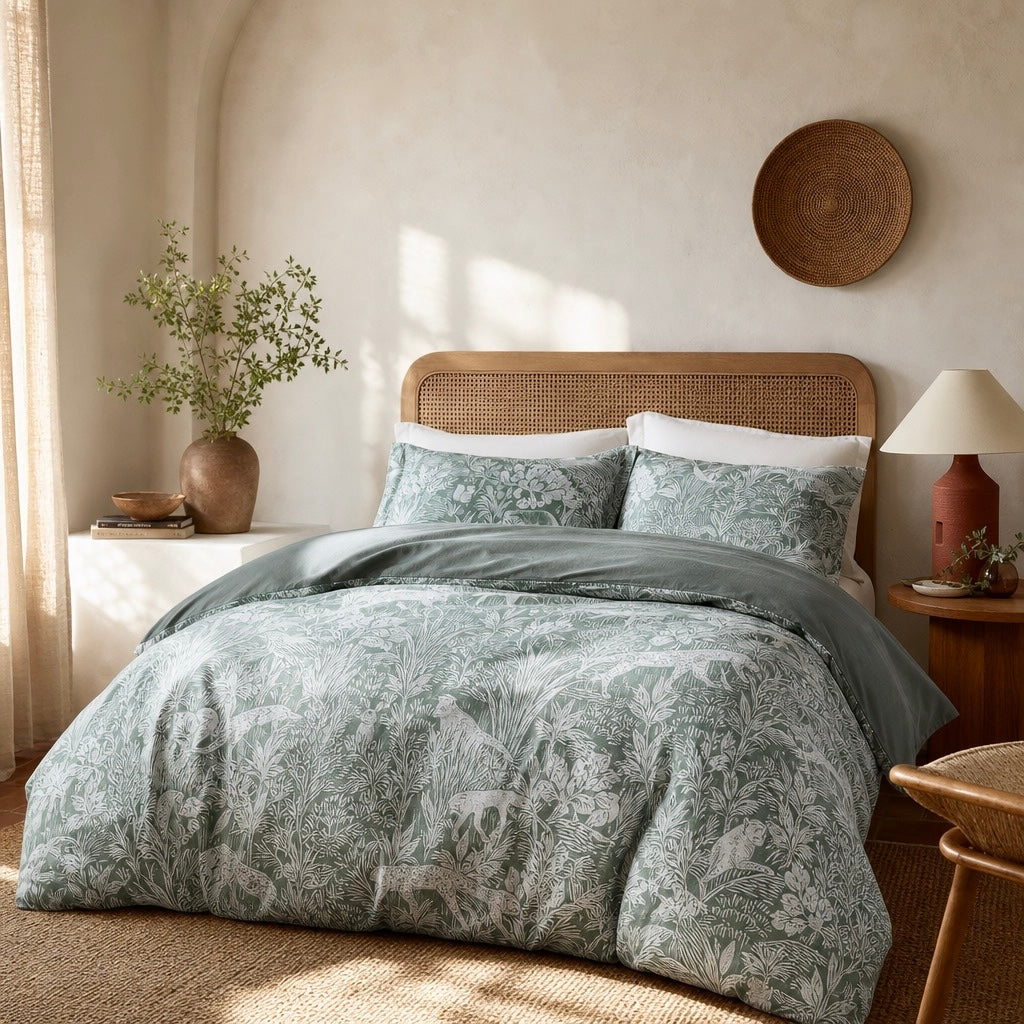 NEW Anthropologie Green Botanical Queen / King Cotton Bedding Duvet & Sham Set
