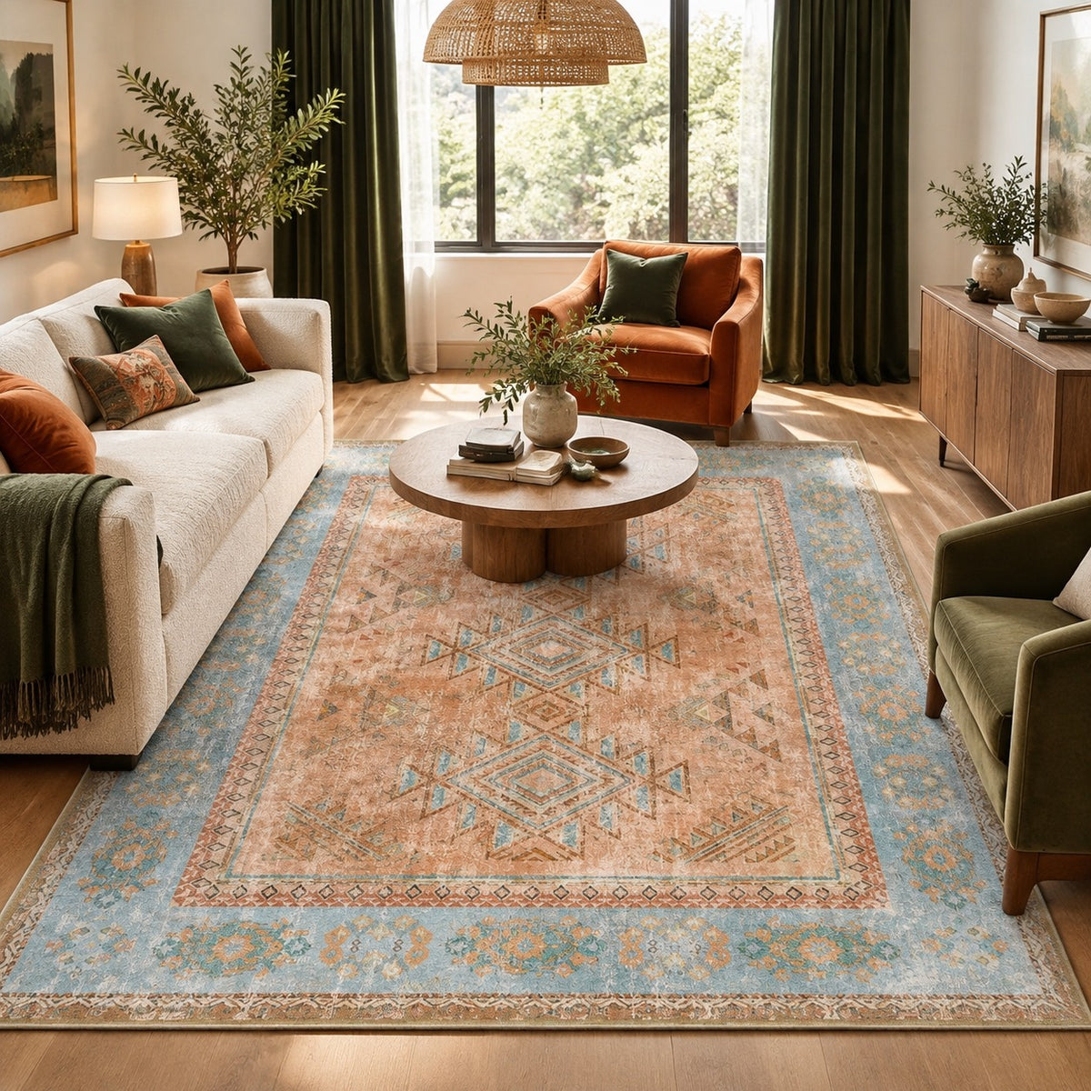 NEW Anthropologie Blue & Orange Moroccan Boho Washable Area Rug Carpet 8' x 10'