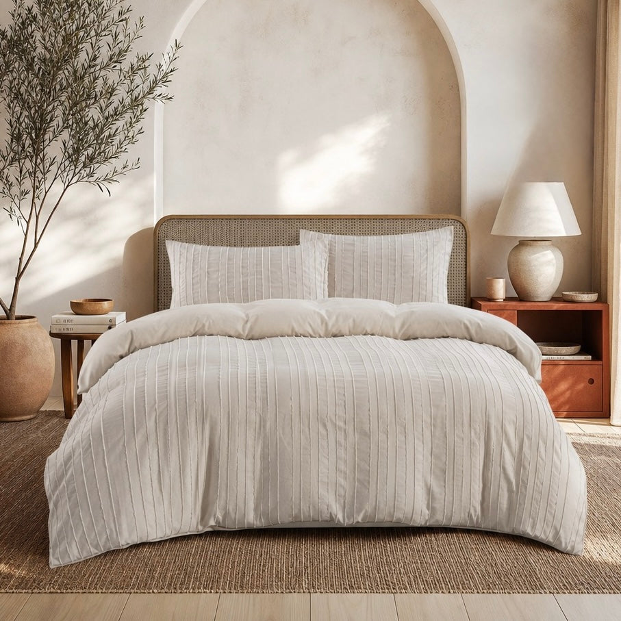 NEW West Elm Beige Boho Queen Size Tufted Simple Solid Bedding Duvet & Sham Set