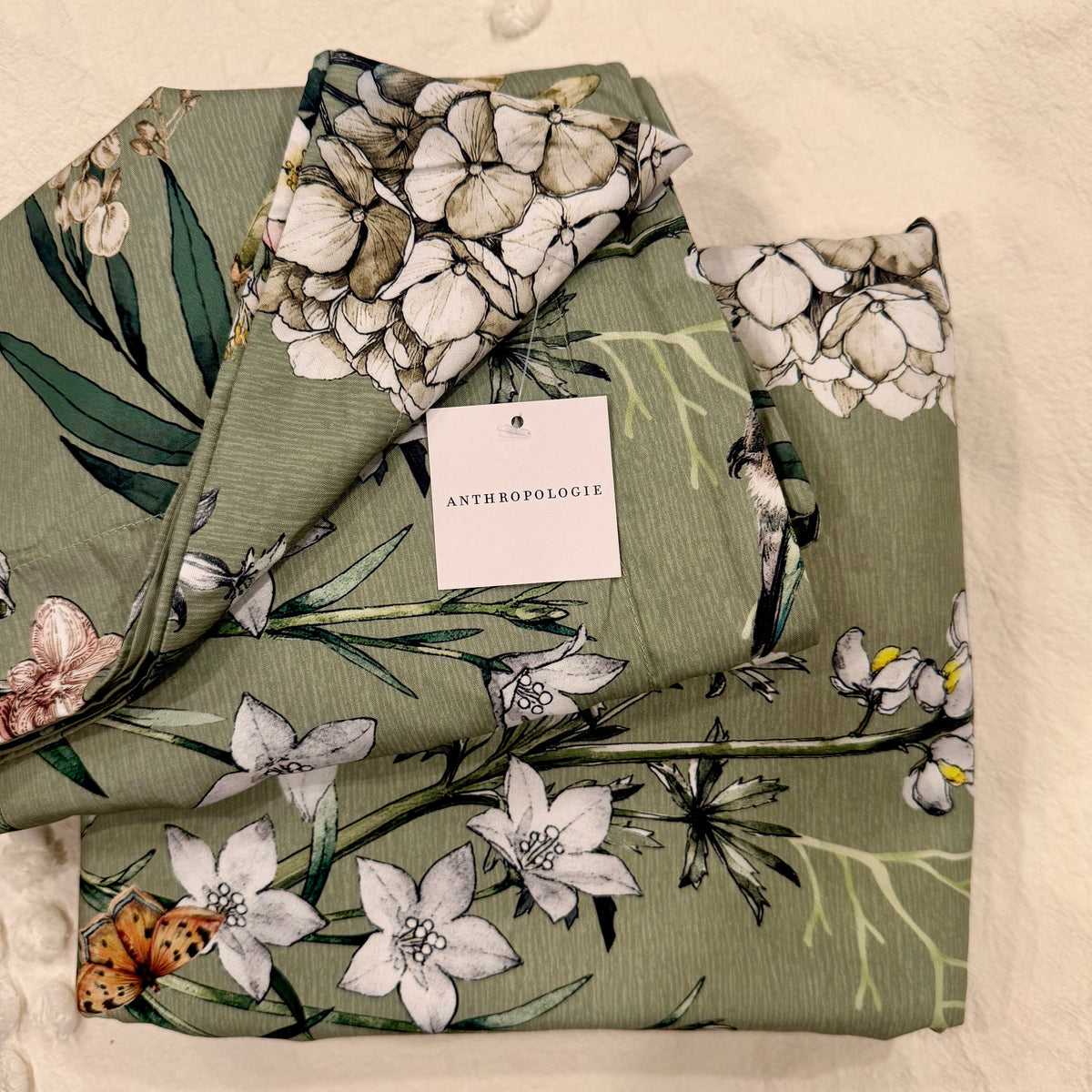 NEW Anthropologie Vintage Green Floral Bird Queen King Duvet Bedding & Sham Set