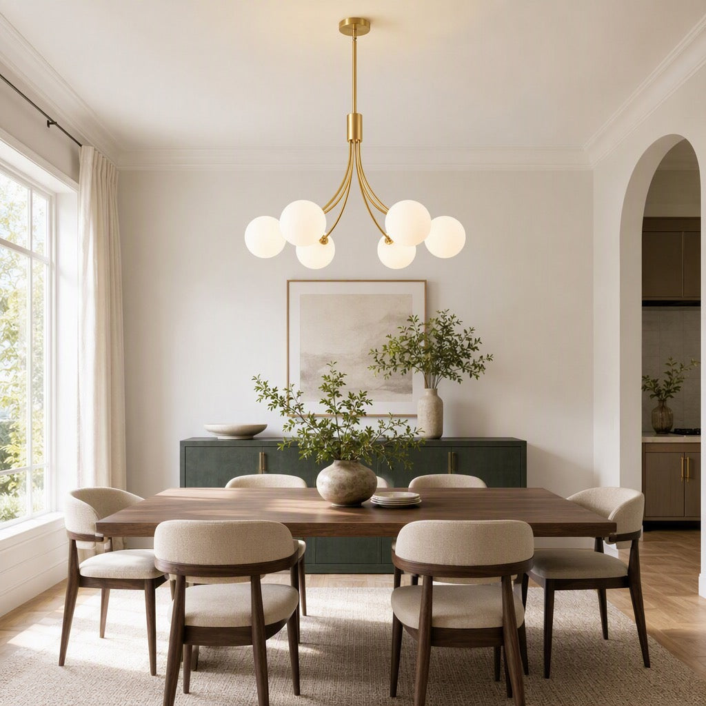 NEW West Elm XL 6-Light Gold & White Globe Boho Chandelier Hanging Light Fixture