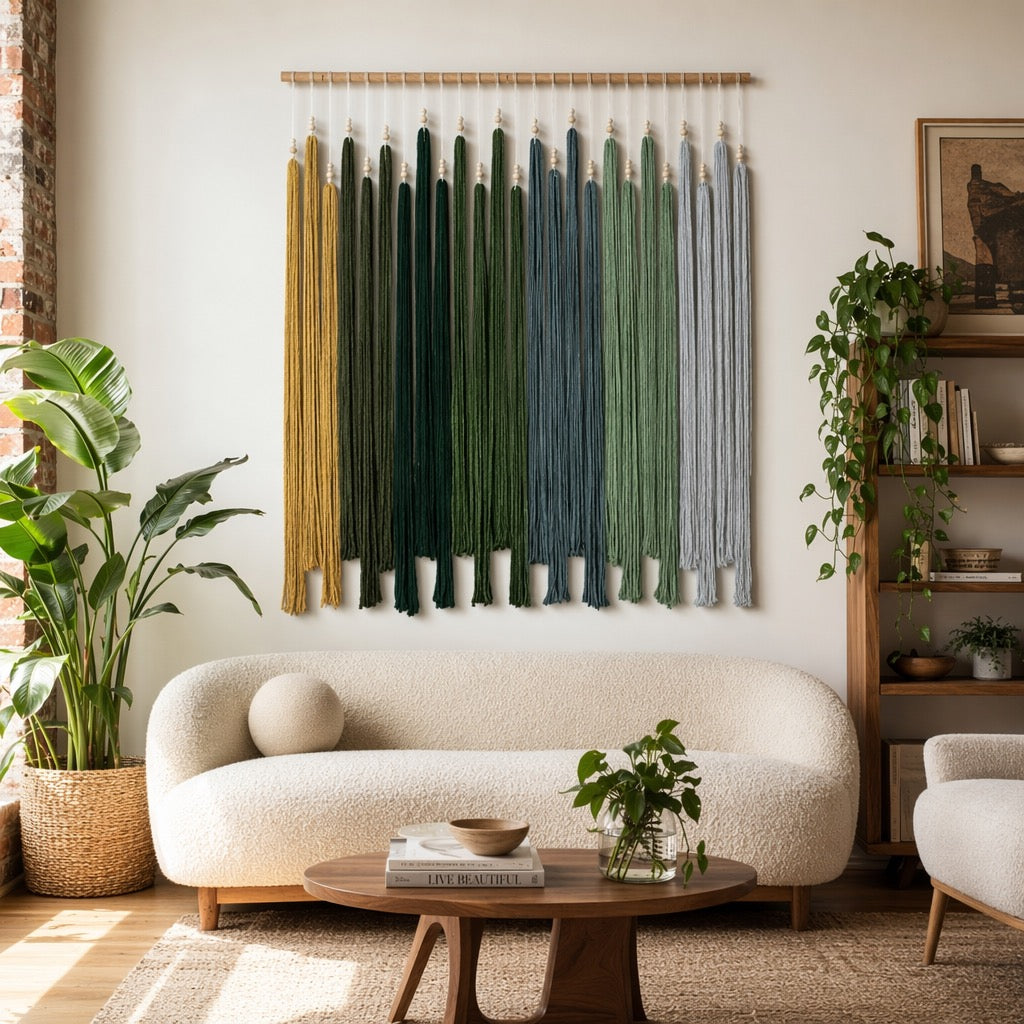 NEW Anthropologie XL Green Boho Tapestry Macrame Dyed Yarn Wall Hanging 40 x 45