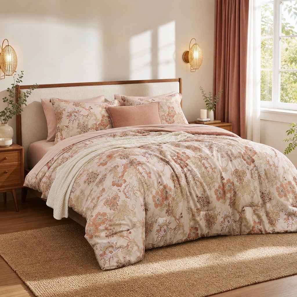 NEW Anthropologie 7 Piece Comforter & Sheet Set Blush Pink Floral Boho Bedding