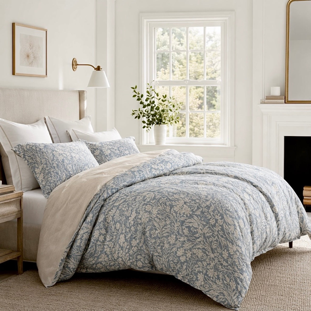 NEW West Elm Blue Cotton Floral Botanical Queen / King Bedding Duvet & Sham Set
