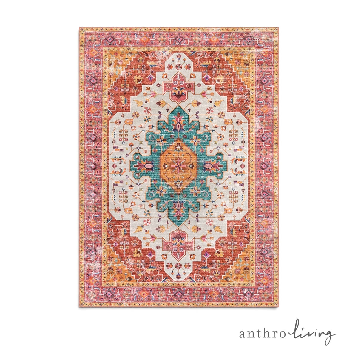 NEW Anthropologie Pink & Teal Moroccan Boho Washable Area Rug Carpet - 5' x 7'