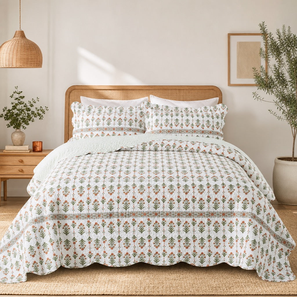 NEW Anthropologie Coral & White Floral Queen / King Bedding Quilt & Sham Set