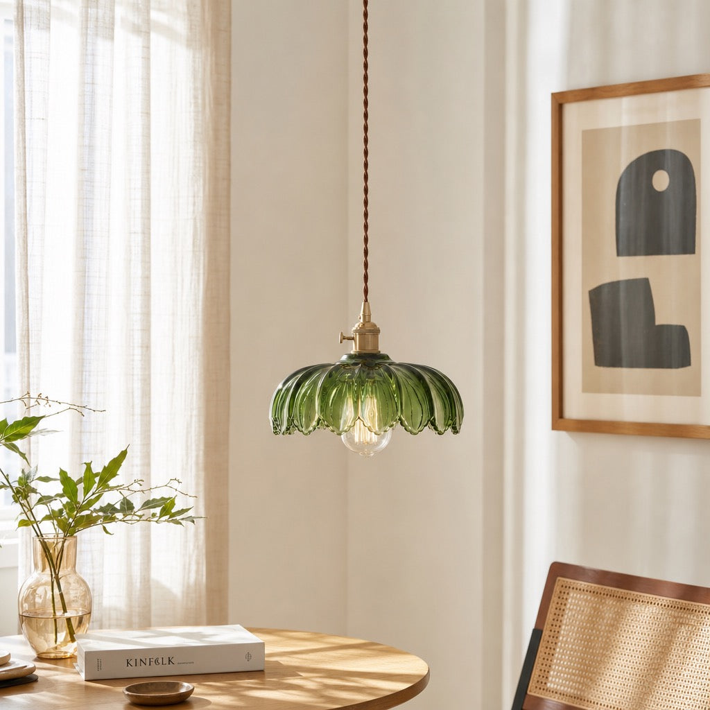 NEW West Elm Vintage Green Glass Hanging Gold Floral Pendant Light Fixture