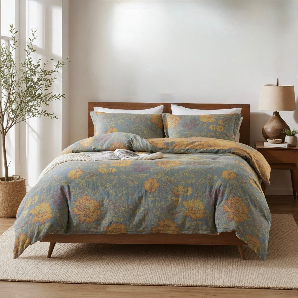 NEW Anthropologie Blue Orange Floral Cotton Queen / King Bedding Duvet Sham Set
