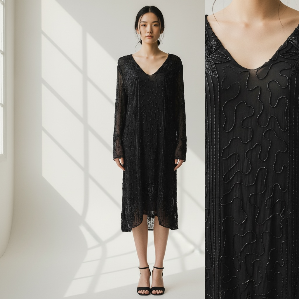 Vintage Saks Fifth Avenue Black Floral Beaded Sheer Tunic Sheath Dress - Large