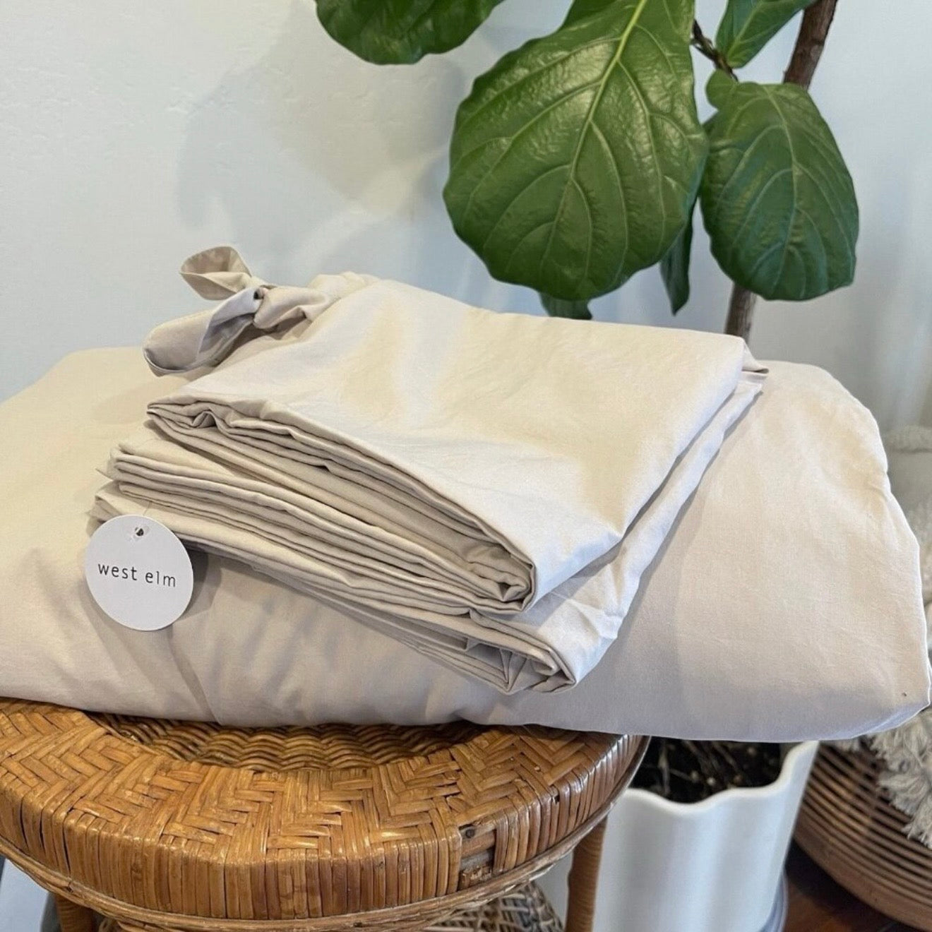 NEW West Elm Boho Beige Khaki Bow Queen Size Soft Washed Bedding Duvet & Sham Set