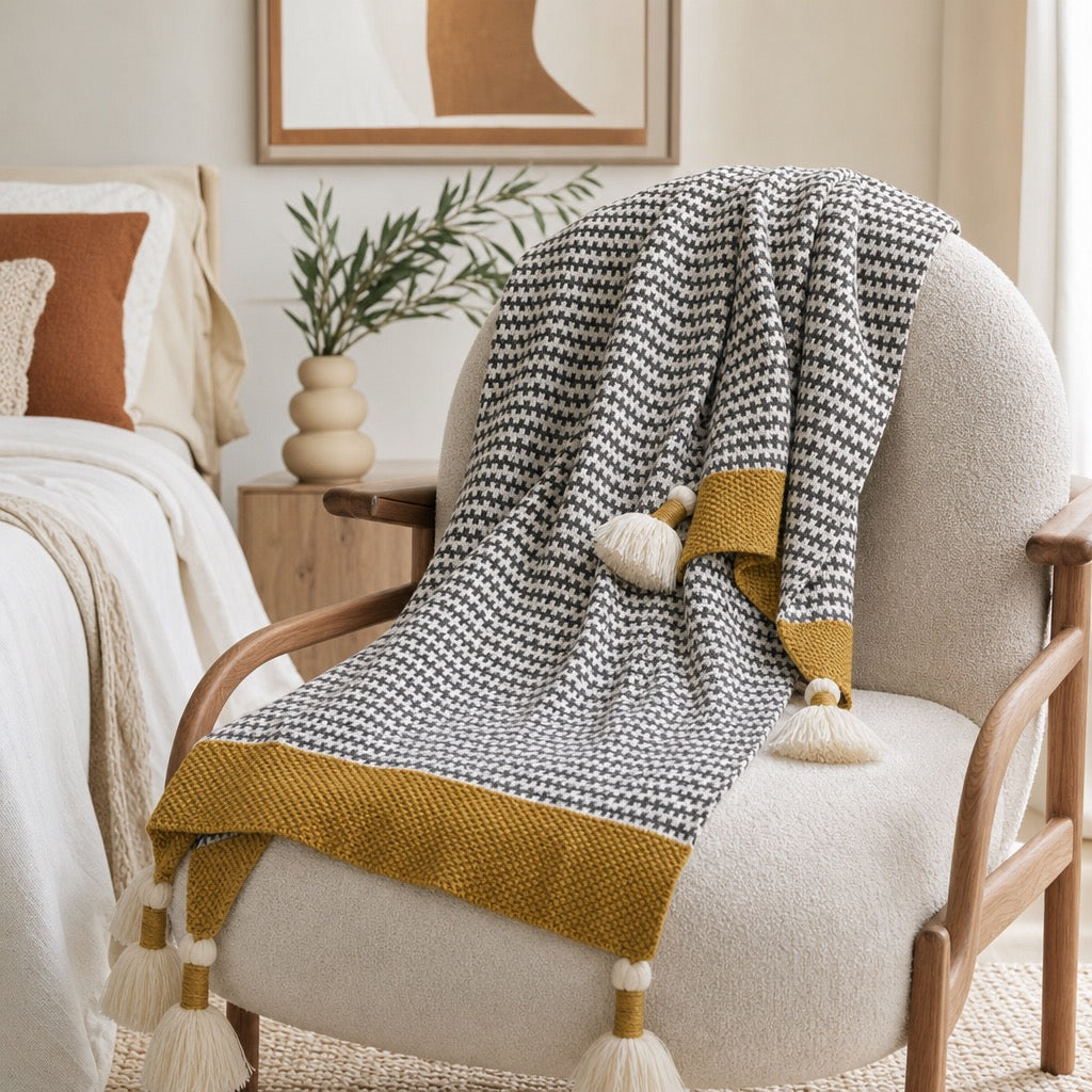 NEW Anthro Chevron Stripe Boho Tassel Pom Pom Knit Throw Blanket Bedding 48
× 60