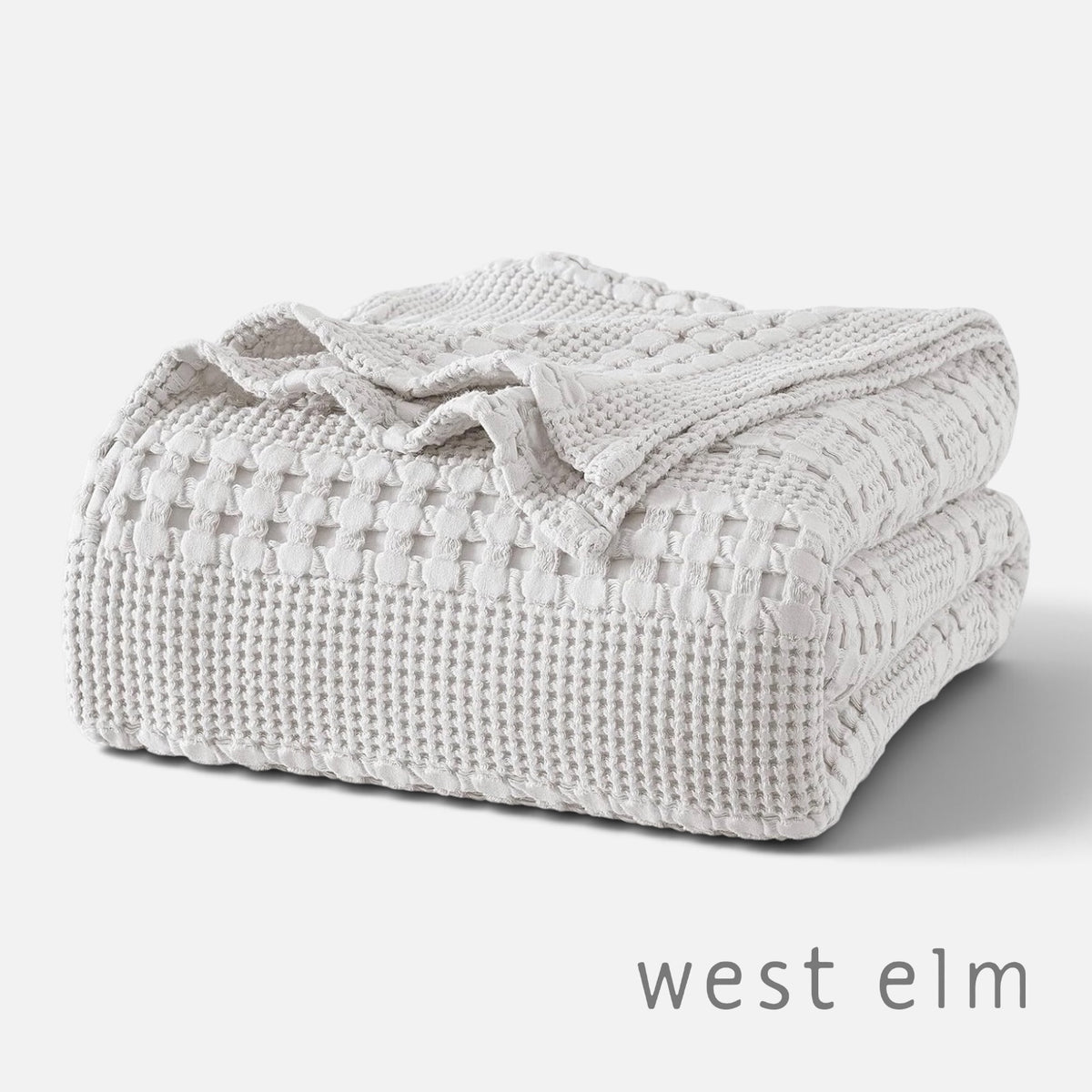 NEW West Elm Grey Woven Waffle Knit Cotton Boho Cozy Queen Blanket - 90" x 90"