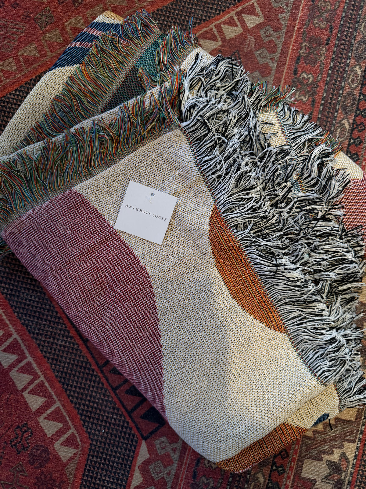 NEW Anthro Boho Abstract Retro Tassel Throw Blanket Bedspread Quilt - 63" x 51"