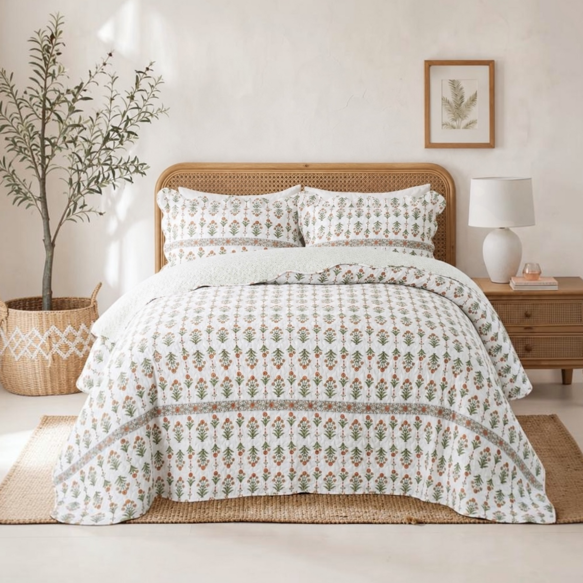 NEW Anthropologie Coral & White Floral Queen / King Bedding Quilt & Sham Set