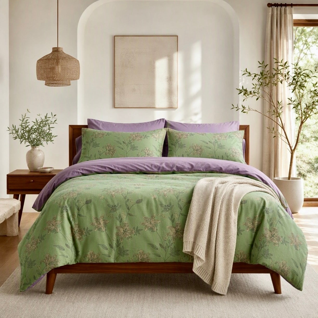 NEW Anthropologie Green Purple Floral Linen Queen / King Bedding Duvet & Sham Set