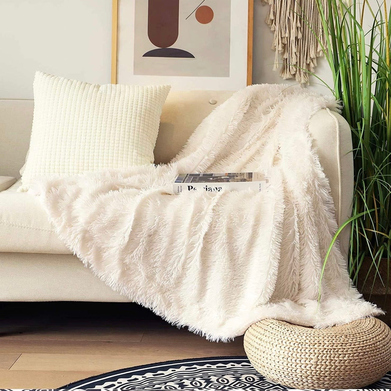 NEW West Elm Boho Beige Faux Fur Fuzzy Plush Throw Blanket Bedding - 50" x 60"