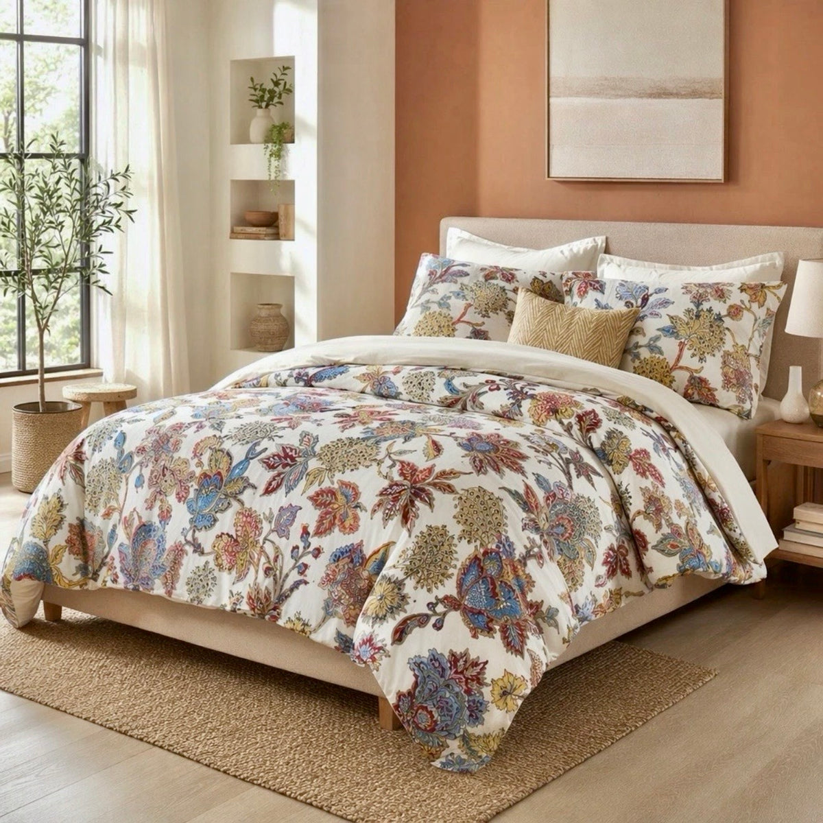 NEW Anthropologie Cream Red Cotton Queen / King Floral Bedding Duvet & Sham Set