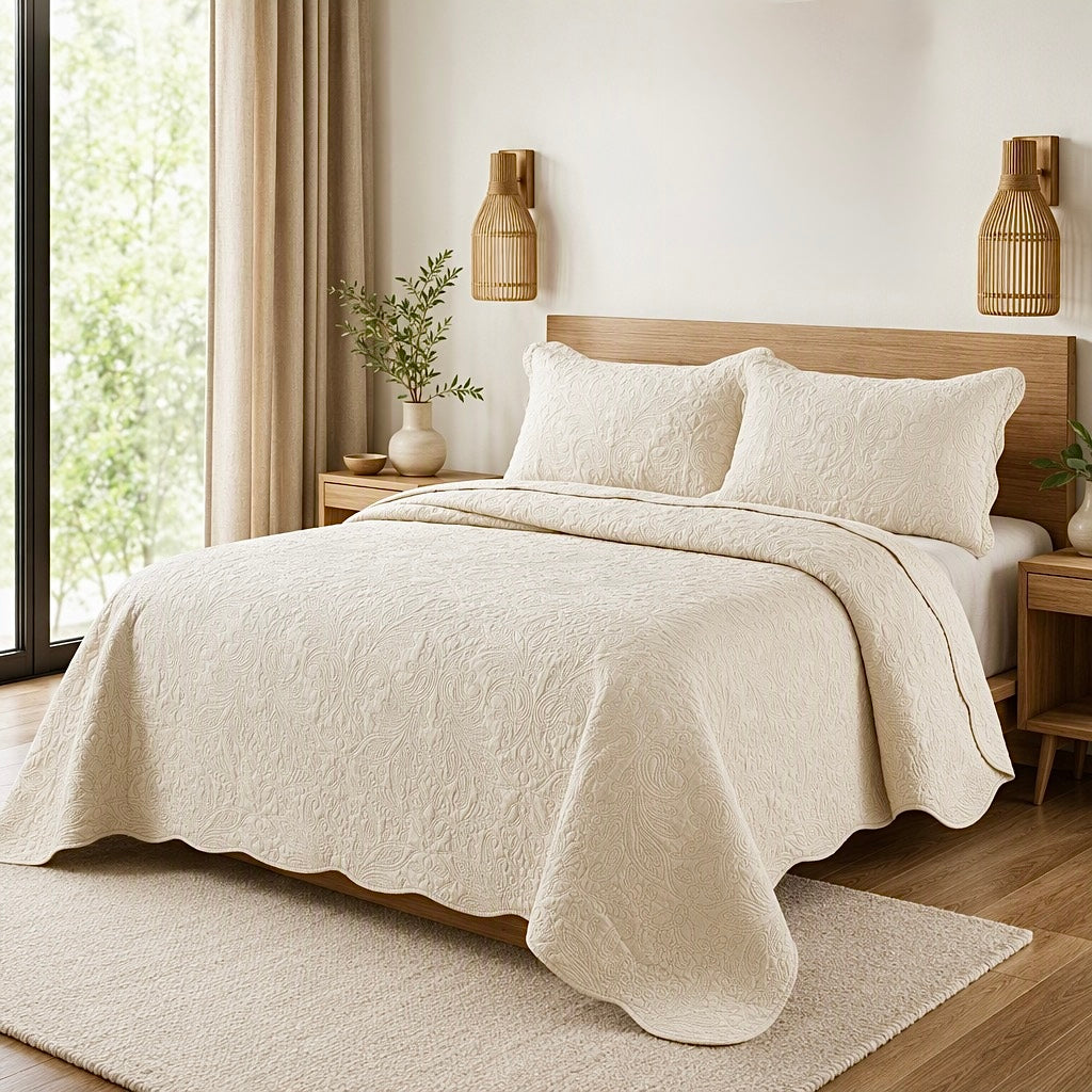 NEW Anthropologie Ivory Queen / King Size Reversible Quilt Bedspread Blanket & Sham Set