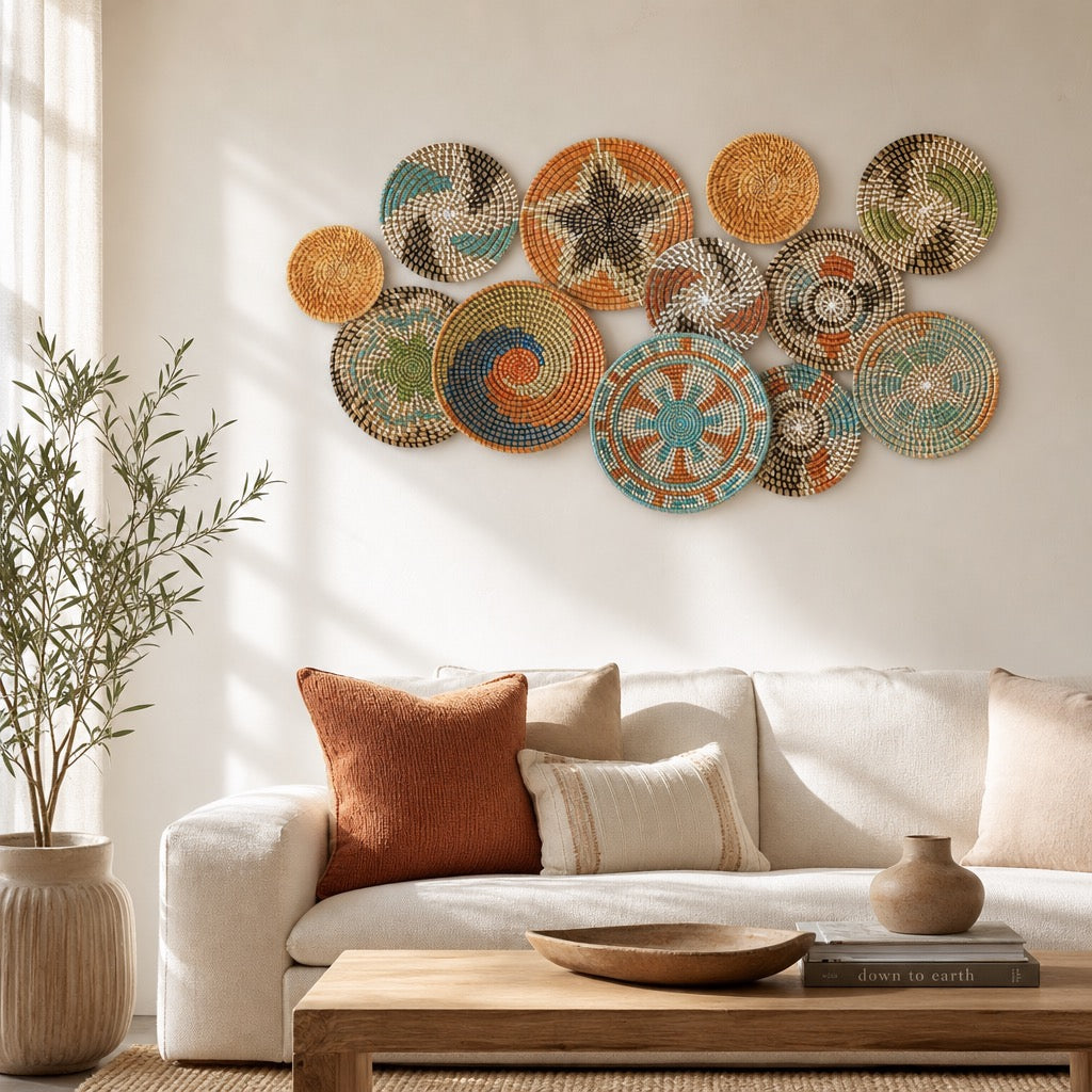 NEW West Elm 11-Piece Woven Wicker Rattan Colorful Boho Wall Hanging Baskets