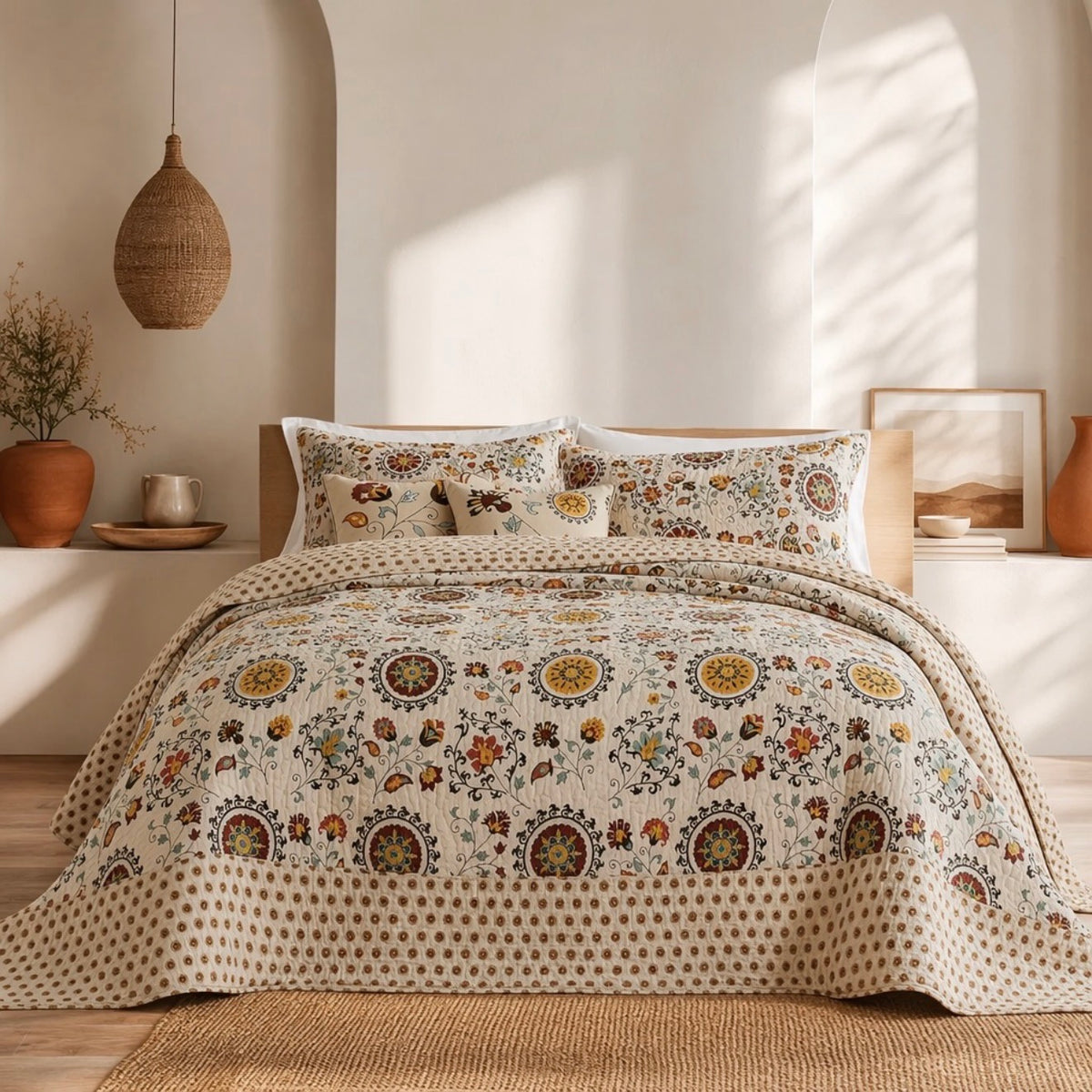 NEW Anthropologie Multicolor Retro Boho King Quilt Bedspread Bedding Sham Set