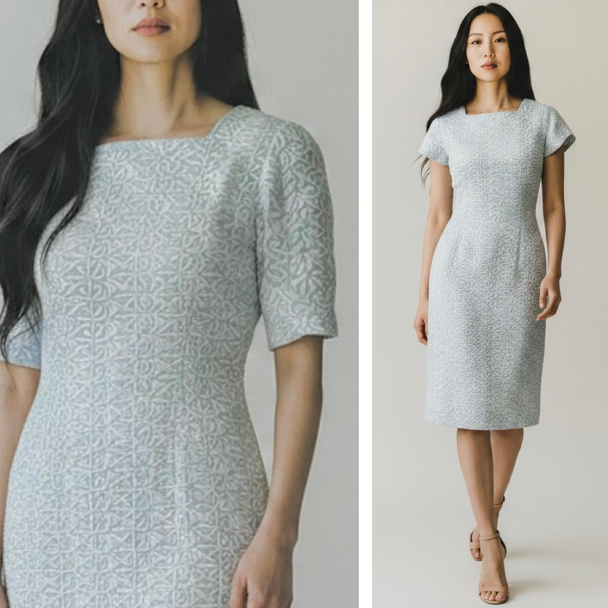 Vintage 1960's Light Blue Embroidered Pencil Sheath Dress - Size Small