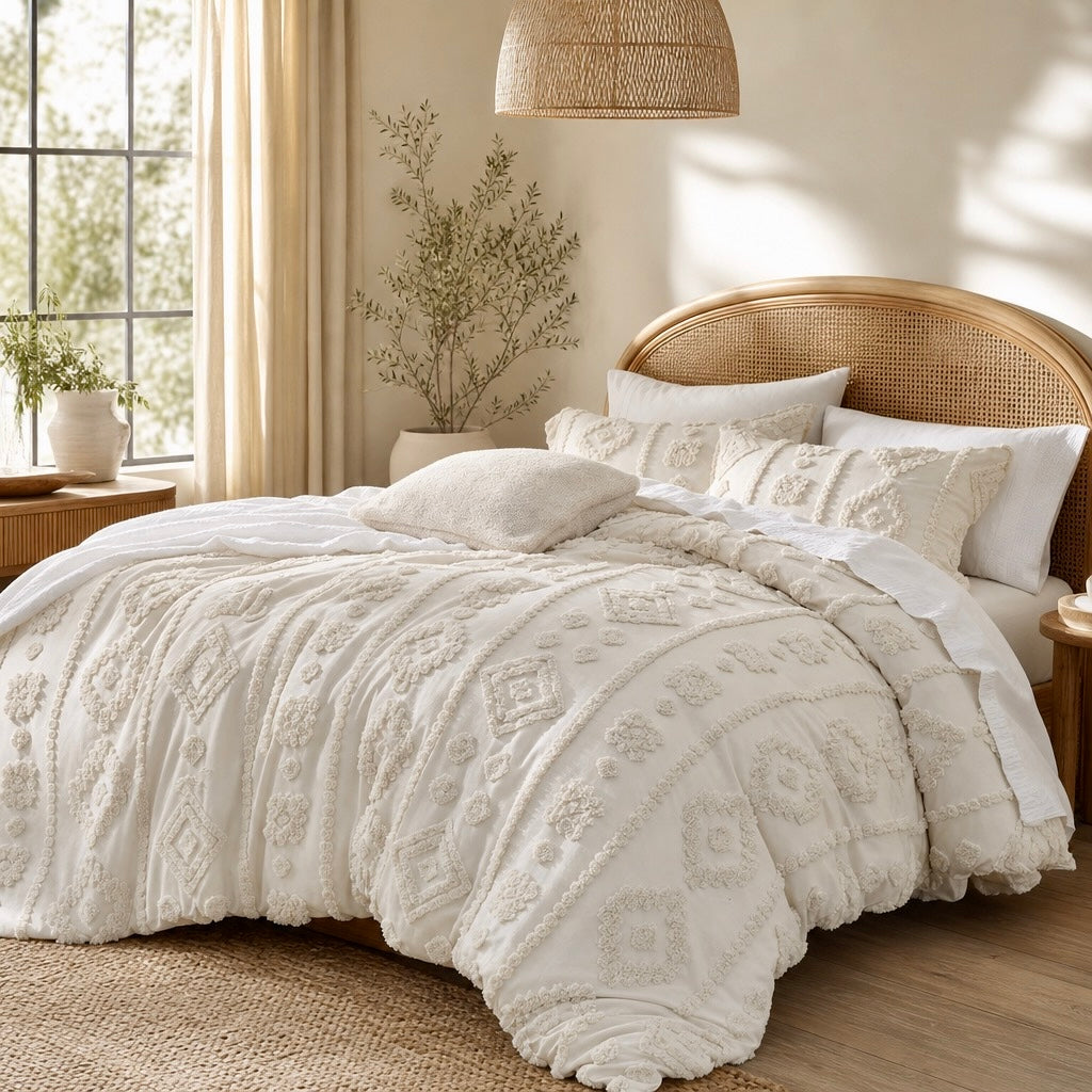 NEW Anthropologie Cream Tufted Boho Queen / King Size Bedding Duvet & Sham Set