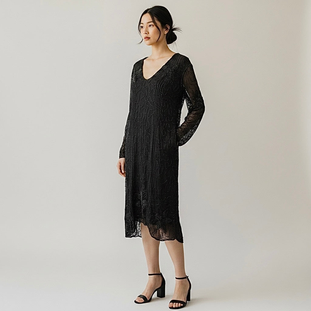 Vintage Saks Fifth Avenue Black Floral Beaded Sheer Tunic Sheath Dress - Large