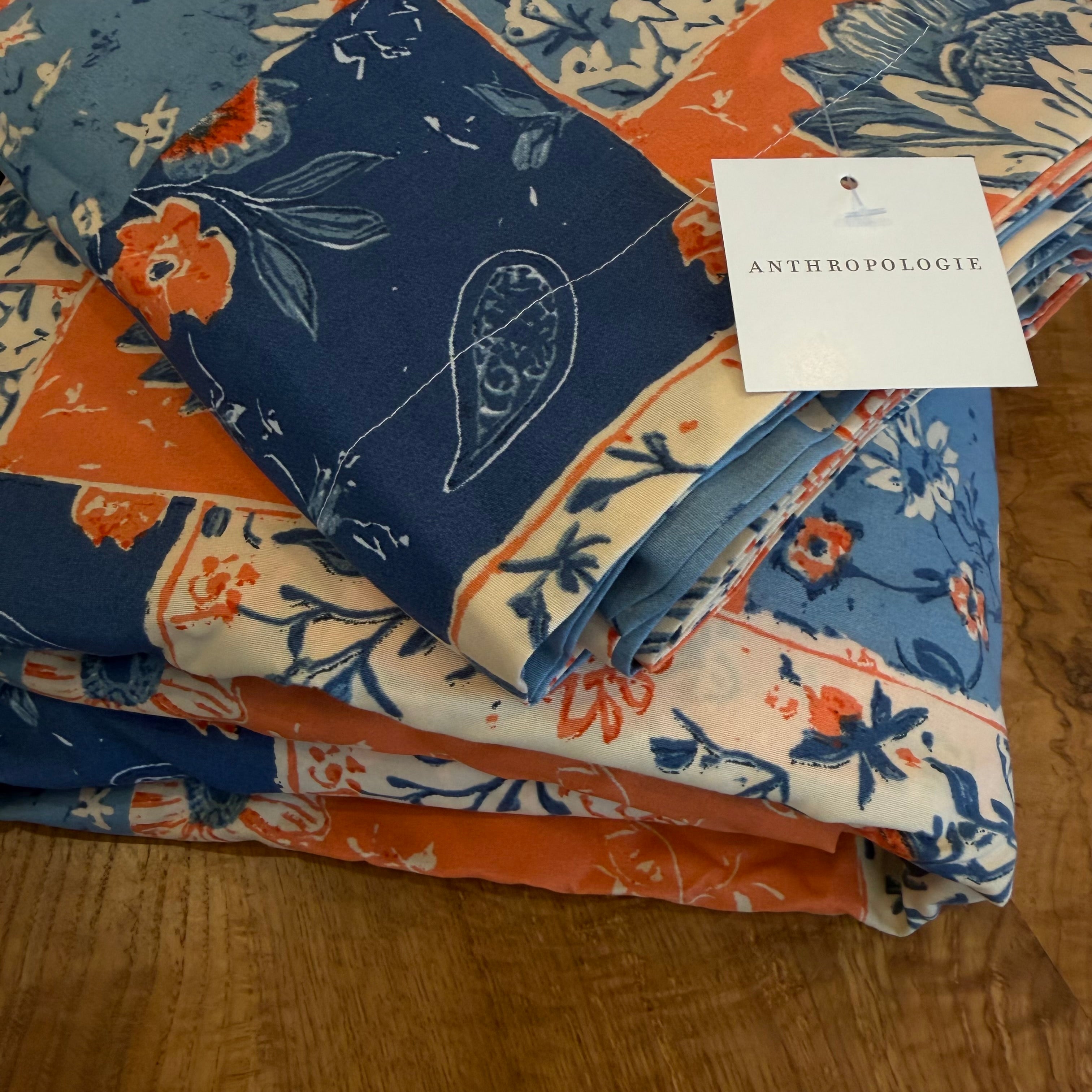 NEW Anthropologie Blue & Orange Boho Floral Patchwork Duvet Bedding & Sham Set