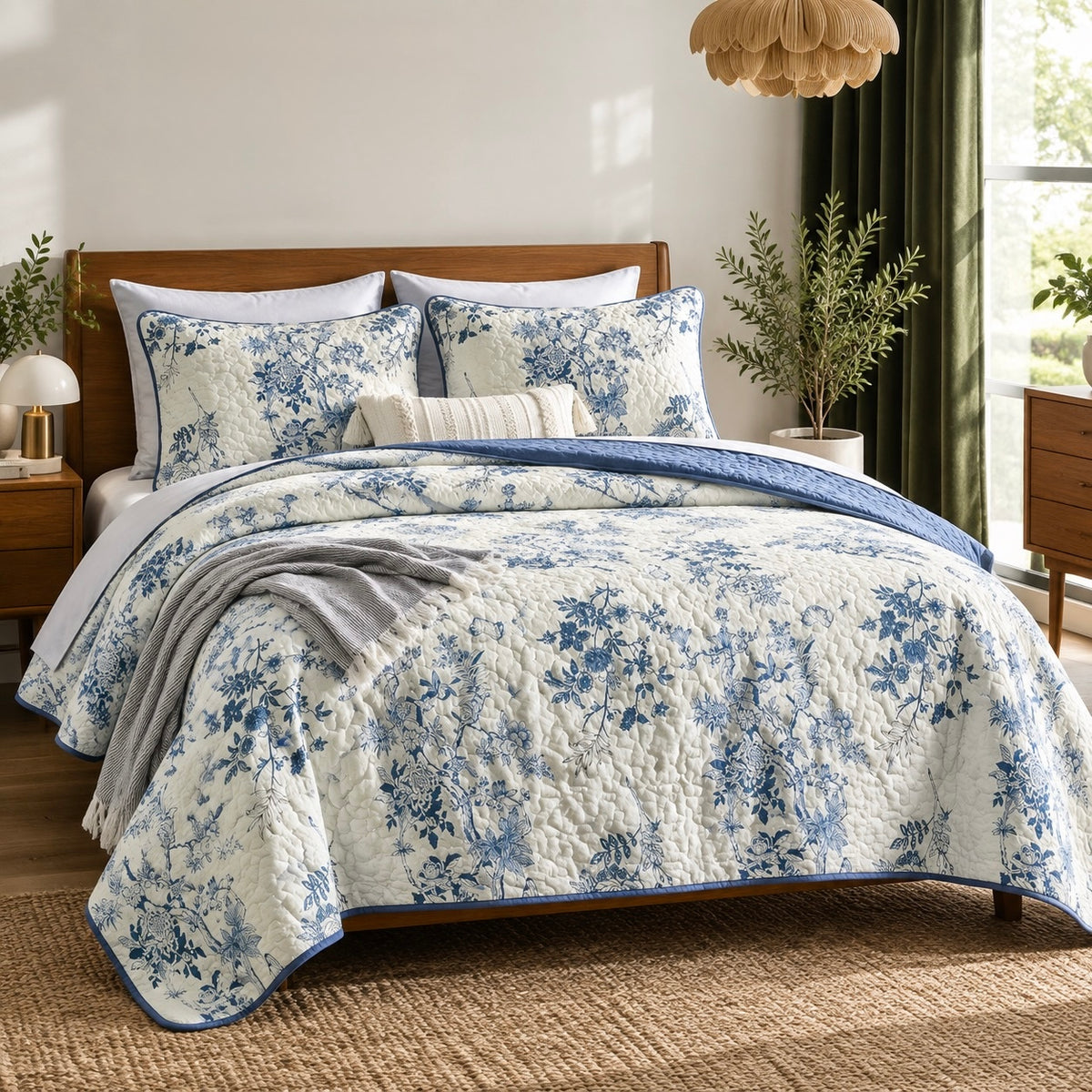 NEW Anthropologie Blue & White Vintage Floral Quilt Coverlet Bedding Sham & Set