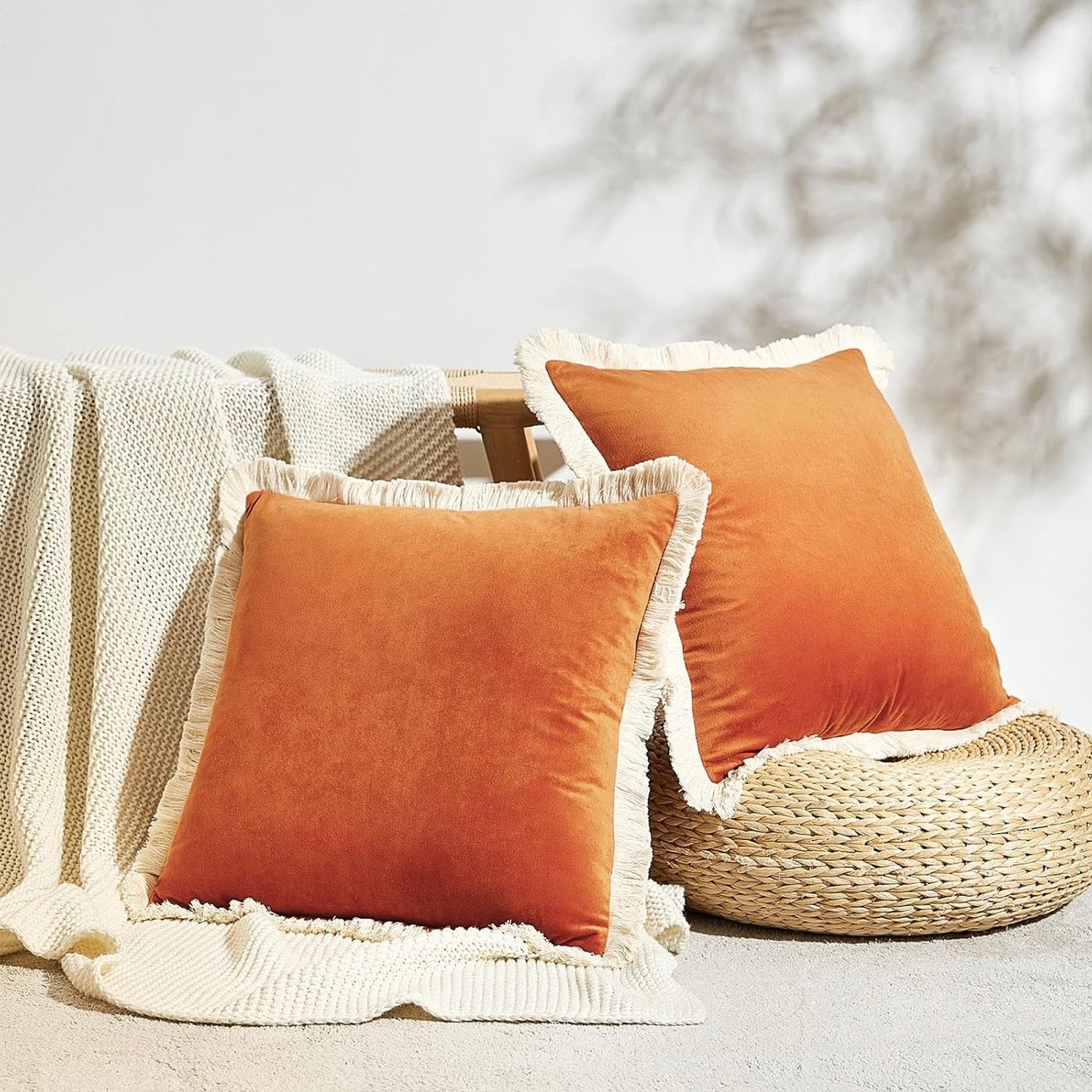 New West Elm Set 2 Orange Velvet Boho Fringe Throw Pillow Case Cover Sham 18x18