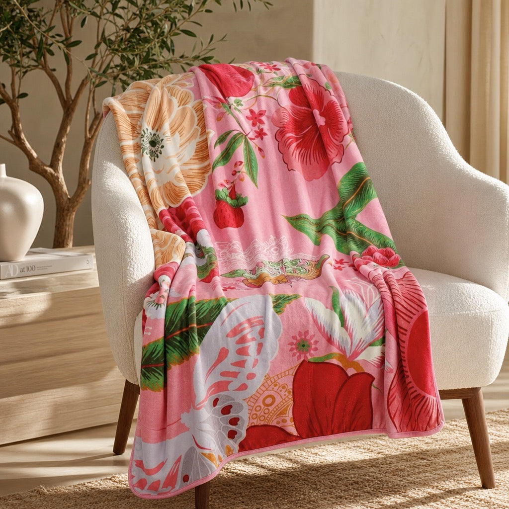 NEW Anthropologie XL Queen Boho Red Floral Fleece Throw Blanket Bedspread 90x90