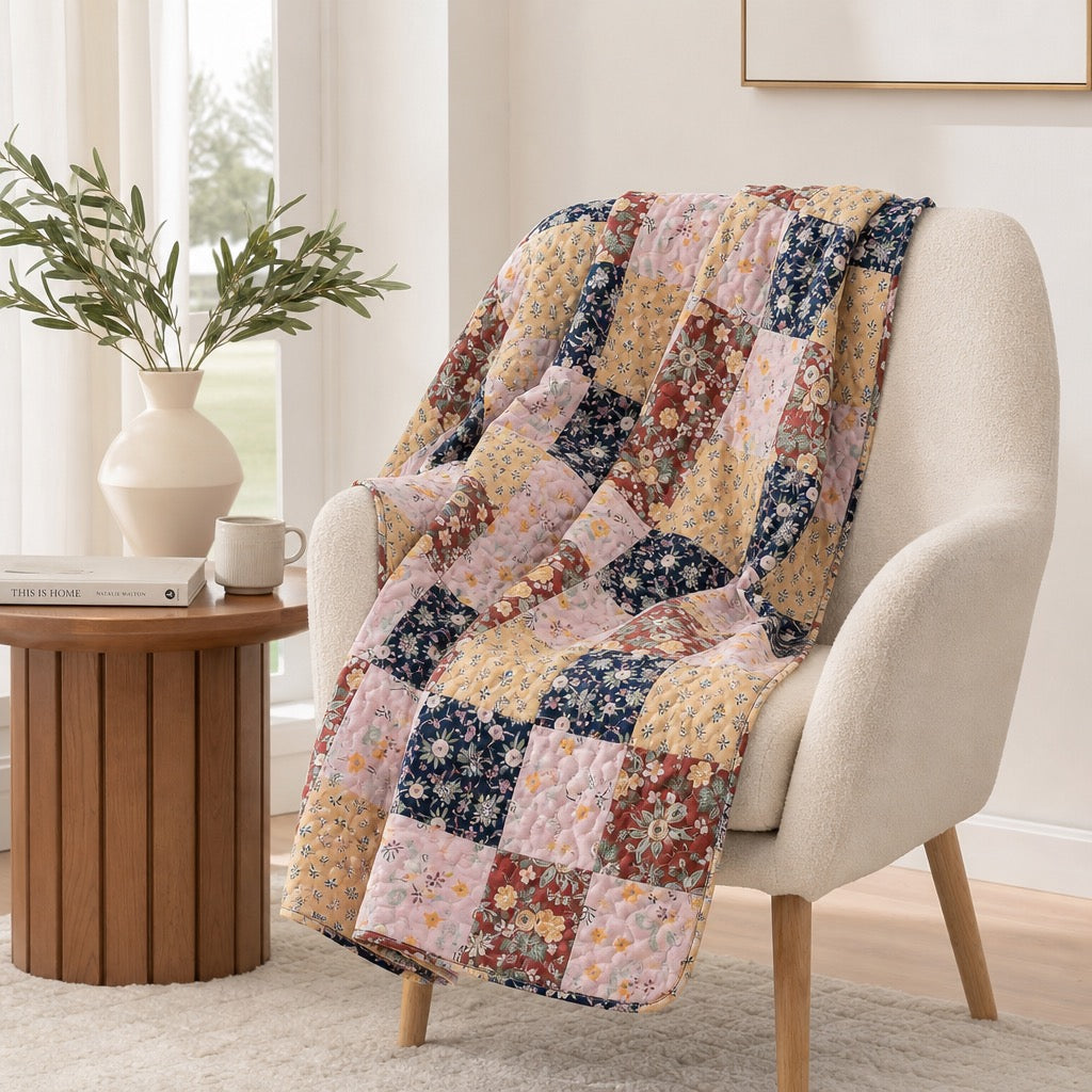 NEW Anthro Boho Multicolor Floral Throw Blanket Patchwork Quilt 50" x 60"