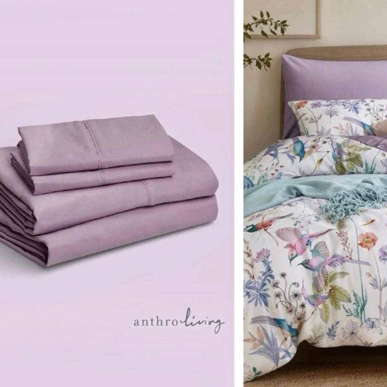 NEW Anthropologie Purple Floral Bird Duvet, Shams & Matching 4 Piece Sheet Set