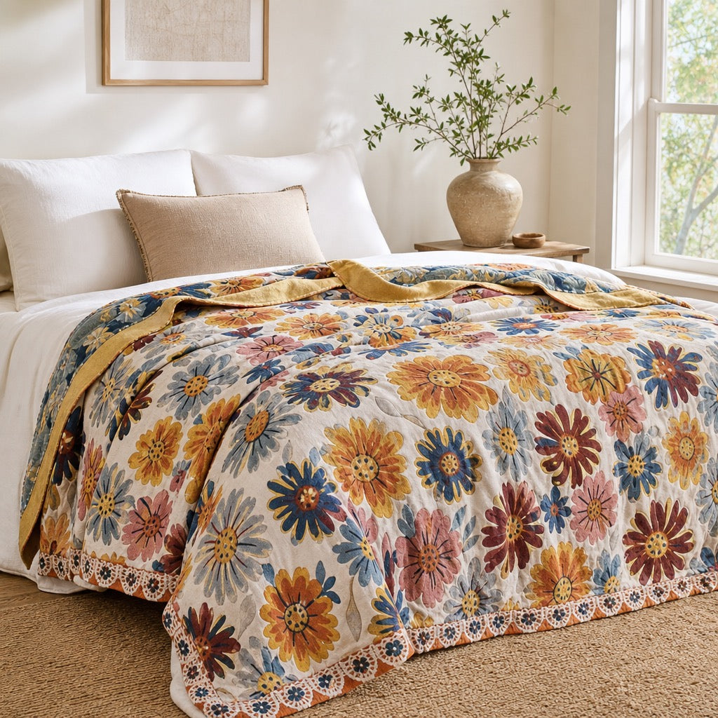 NEW Anthropologie XL Boho Floral Reversible Blanket Bedspread Quilt - 80" x 92"